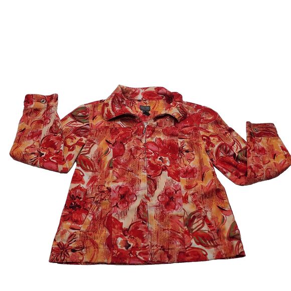 Chicos Additions Floral Red Orange Yellow Beige Zippered Jacket Womens Sz 1 - Picture 1 of 16
